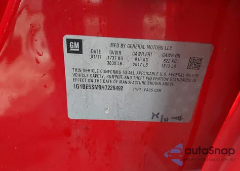 2017 Chevrolet Cruze Lt Auto from USA, damaged, VIN 1G1BE5SM8H7228492